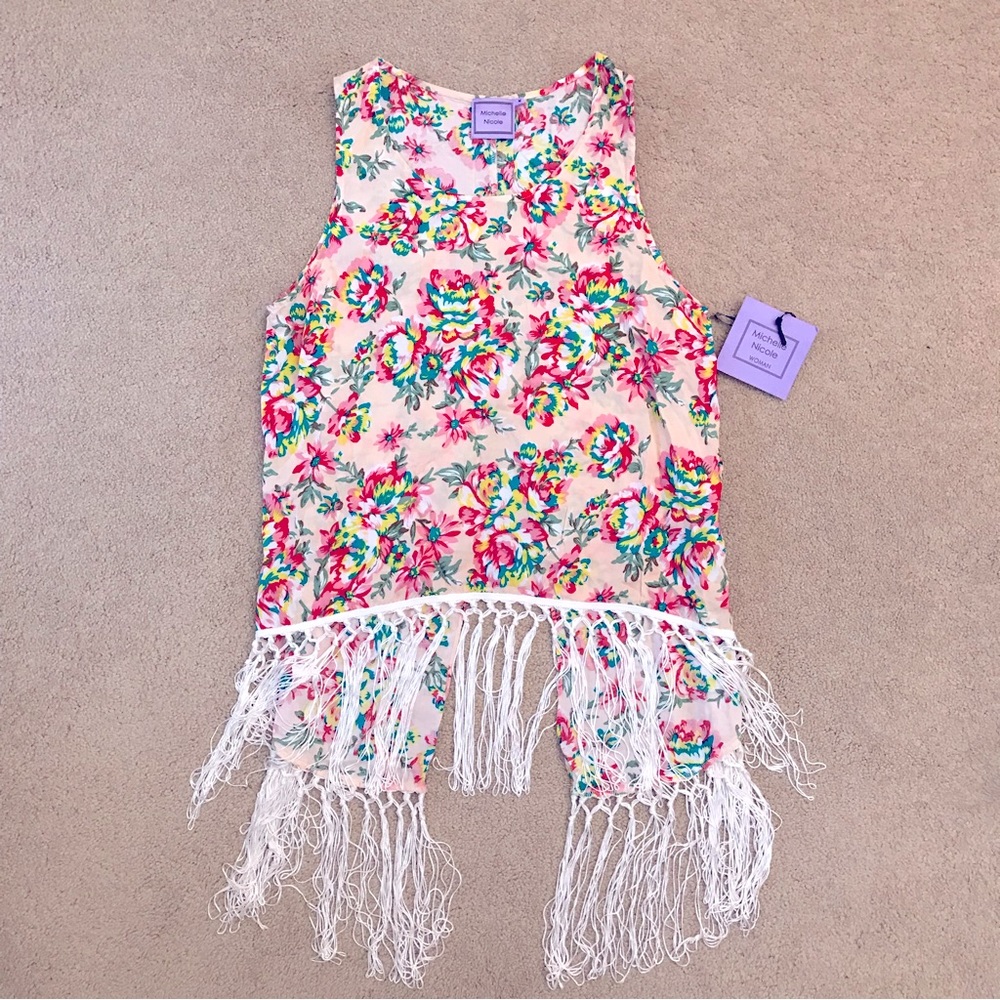Michelle Nicole Floral Fringe Tank Top NEW Size M Pink Peach Hi Lo Boho Cottage